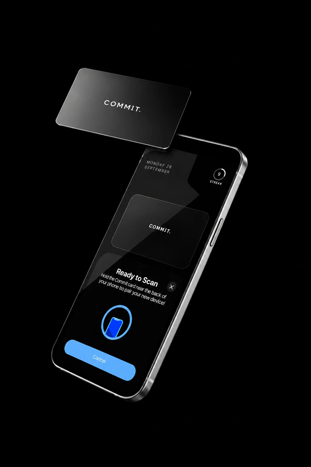 Commit Card beside an iPhone showing the Commit app’s Ready to Scan screen